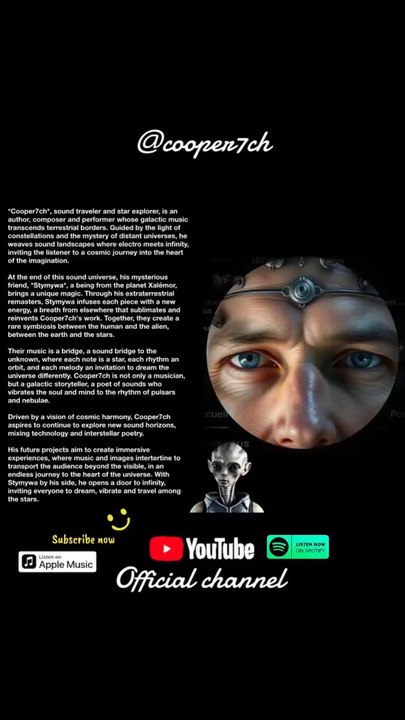 Cooper7ch, auteur et compositeur de musique galactique, crée des voyages sonores où électro et cosmos fusionnent, Stymywa remasterise ses morceaux, offrant une touche alien unique.Ils invitent à explorer l’univers au rythme des étoiles et des pulsars.