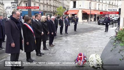 Commémorations du 13-Novembre: Emmanuel Macron et Anne Hidalgo déposent une gerbe de fleurs en hommage aux victimes des terrasses du Carillon et du Petit Cambodge