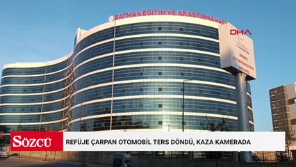 Refüje çarpan otomobil ters döndü, kaza kamerada