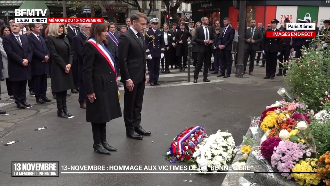 13-Novembre: le chef de l'État et la maire de Paris dépose une gerbe devant la Bonne Bière en hommage aux victimes