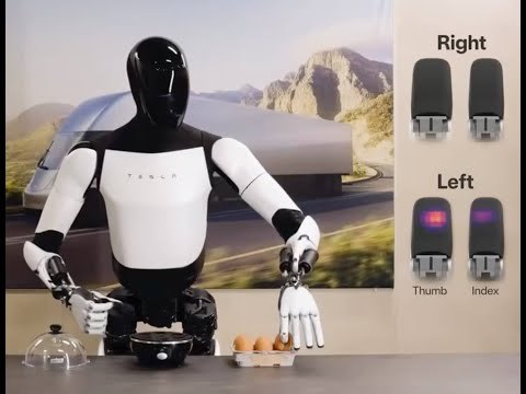 Humanoider Roboter Tesla Optimus Gen 2 sortiert Batterien, läuft durch die Tesla-Fabrik