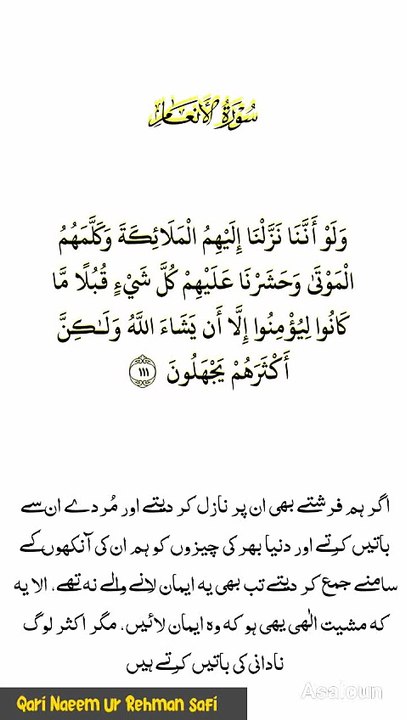3396وَ لَوۡ اَنَّنَا نَزَّلۡنَاۤ  اِلَیۡہِمُ الۡمَلٰٓئِکَۃَ وَ کَلَّمَہُمُ الۡمَوۡتٰی