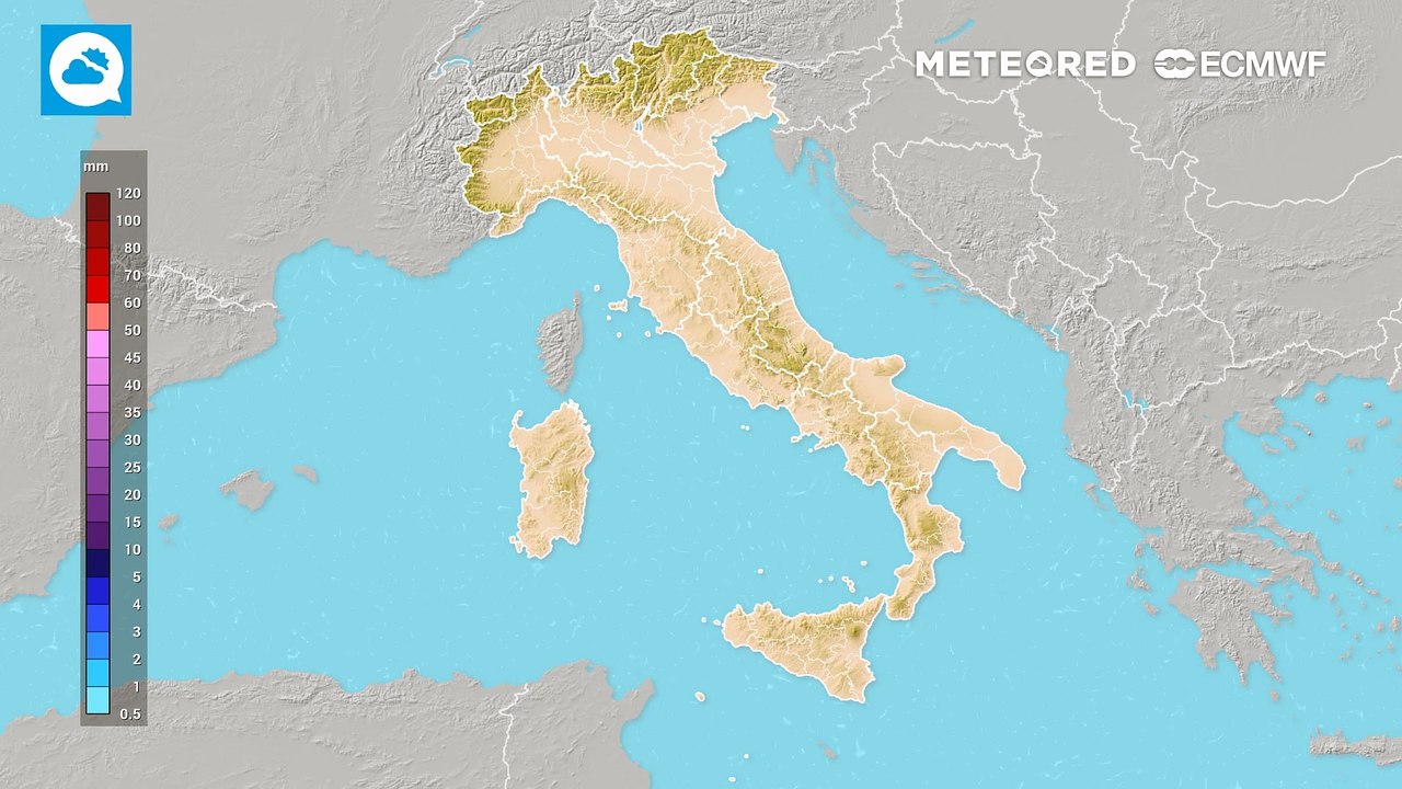 Mappa relativa agli accumuli di pioggia previsti in Italia nel weekend