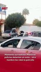 🚓 Insólito momento quedó captado en video: mientras unos policías realizaban una parada de tránsito, un sujeto aprovechó el descuido… ¡y se llevó la patrulla!