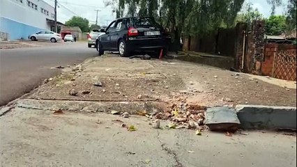 Carro invade calçada, derruba mureta e bate em árvore, mas ninguém se fere
