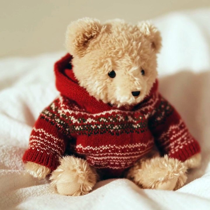 A teddy bear doll wearing christmas hoodie