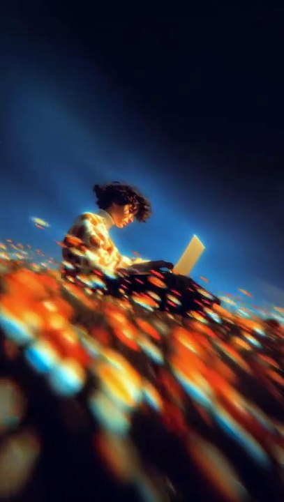A teenager operating a laptop in space Dreamy Scene