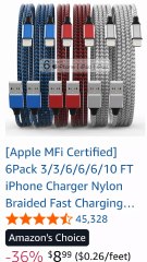 New .Apple MFi Certified] 6Pack 3/3/6/6/6/10 FT iPhone Charger Nylon Braided Fast Charging Lightning Cable