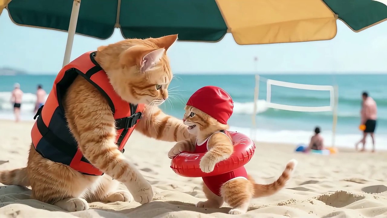 So Sweet! Tiger-Hat Kitten Saves a Friend at the Beach & Learns to Swim