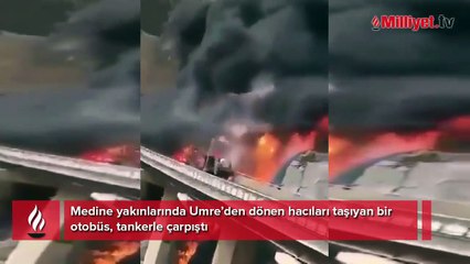 Suudi Arabistan'da feci kaza! Umre'den dönen hacıları taşıyan otobüs tankerle çarpıştı: Çok sayıda ölü var