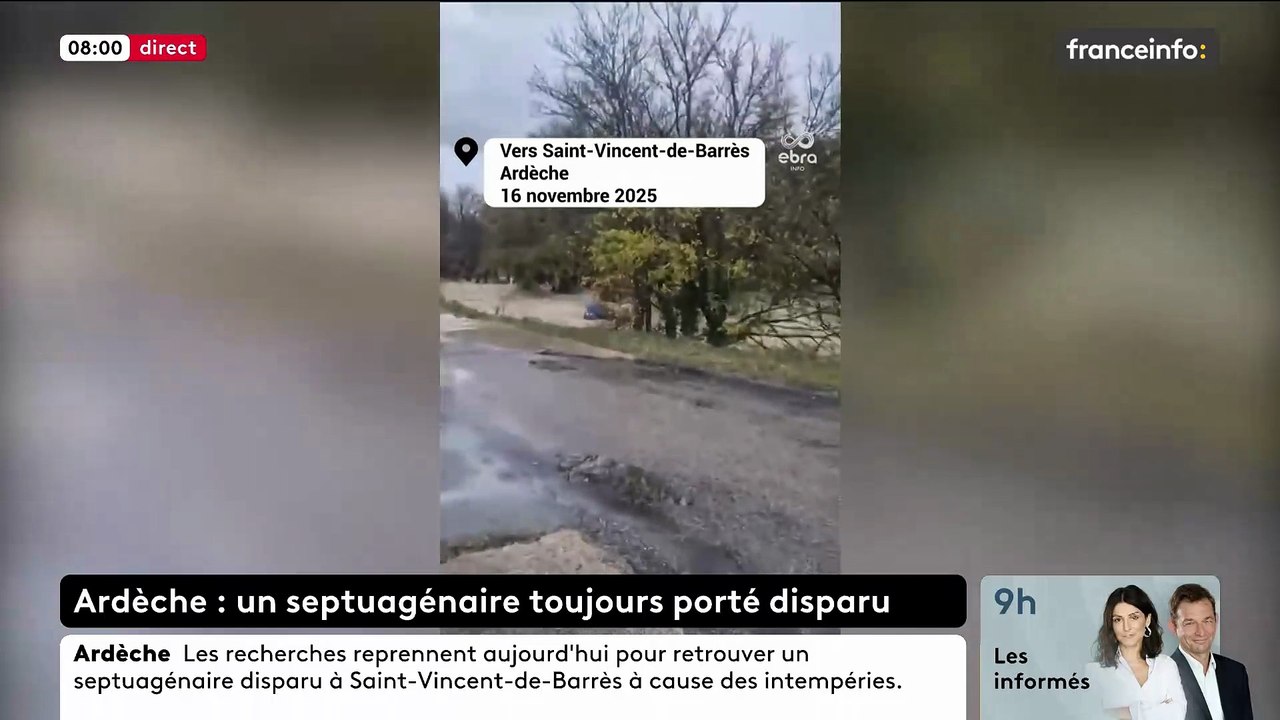 Les recherches pour retrouver un septuagénaire emporté hier par une rivière en crue en Ardèche, suspendues pour la nuit, ont repris ce matin - VIDEO
