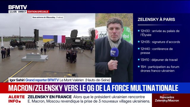 Volodmyr Zelensky et Emmanuel Macron en route vers le Mont Valérien pour se rendre à l'état-major de la force multinationale Ukraine