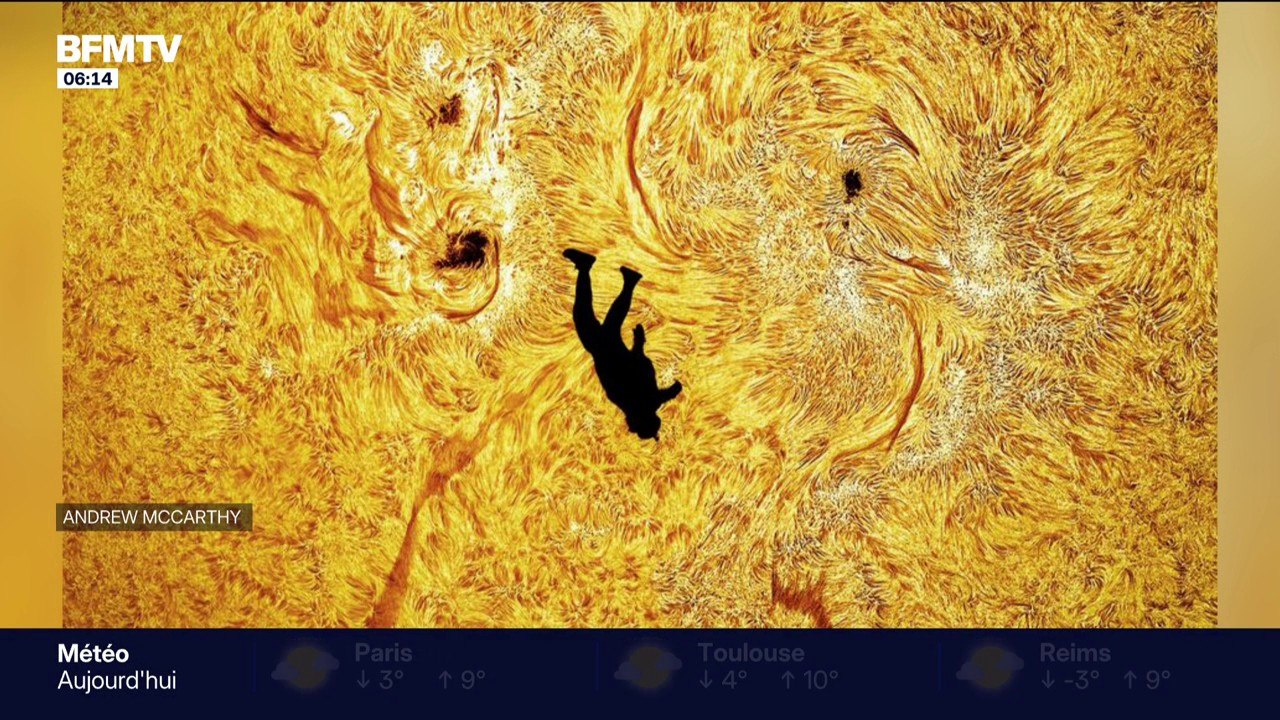 Le cliché fou d'un parachutiste capturé en chute libre devant le soleil