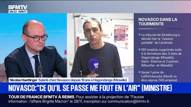 J'ai perdu mon emploi, j'ai perdu ma fierté , déplore Nicolas Haettinger, salarié chez Novasco, auprès du ministre de l'Industrie