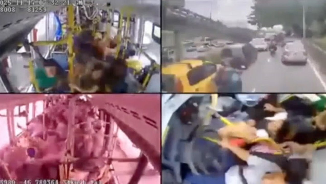 Packed out-of-control bus smashes through busy traffic after brakes fail