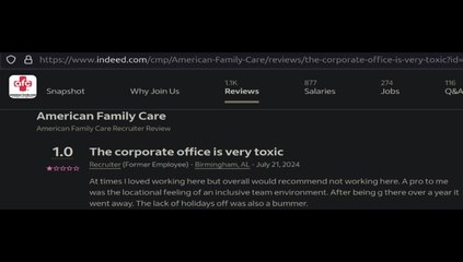 AFC Urgent Care Scores BBB F Rating - Employee Review Describes Corporate As "Very Toxic"
