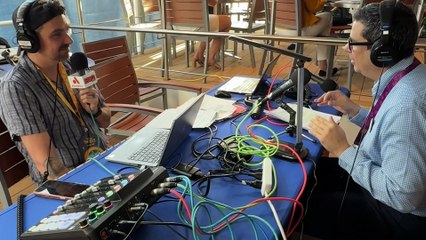 Coop chats with Andres Ayala on the Legendary Family Dining aboard the Disney Destiny