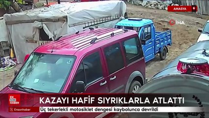 Amasya'da üç tekerlekli motosiklet dengesi kaybolunca devrildi