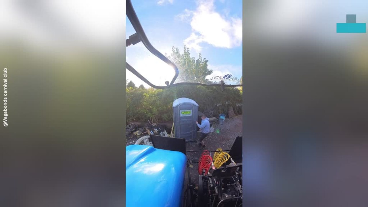 Tractor Traps Man in Portaloo in Hilarious Prank