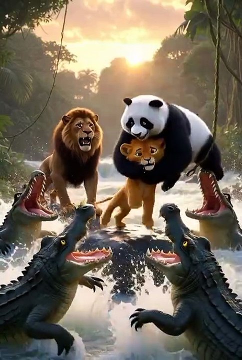 "Panda Hero Saves Lion Cub from Crocodiles 😱🐼🦁 Epic Rescue!"