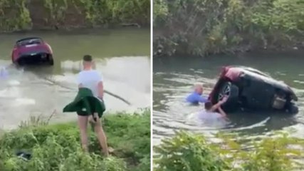 Auto finisce nel canale, in due si tuffano e salvano un imprenditore