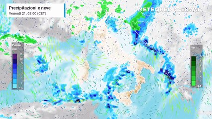 Mappa relativa a pioggia e neve previste in Italia nei prossimi giorni