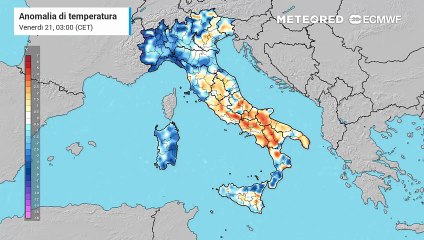 Mappa relativa alle anomalie di temperature previste In Italia nei prossimi ngiorni