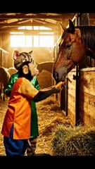 Cat & Monkey in Shalwar Kameez Taking Care of Horses – Funny Animal Comedy