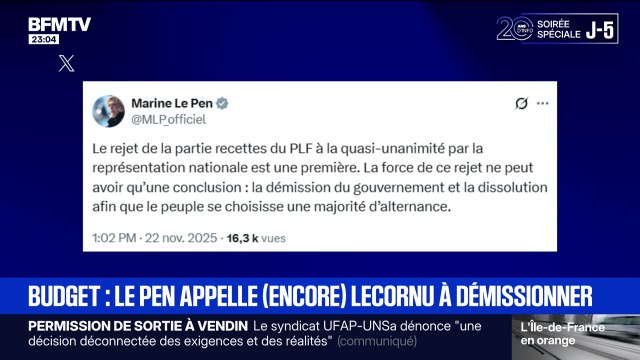 Budget rejeté: sur X, Marine Le Pen appelle encore une fois à la démission du gouvernement et à la dissolution