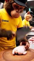 Chikki Monkey & Momo Cat Running a Chicken Meat Shop – Funny Animal Comedy Video