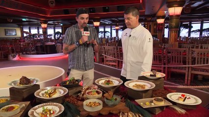 Coop chats food with Chef Andy and entertainment with Paul at Pride Lands: Feast of The Lion King on Disney Destiny