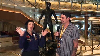 Coop chats with Jen Bascom on the Grand Hall aboard Disney Destiny