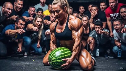 Female bodybuilders showcase their incredible strength by thrashing watermelons.