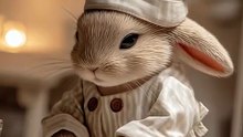 An anthropomorphic baby rabbit kneading bread