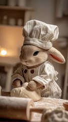An anthropomorphic baby rabbit kneading bread