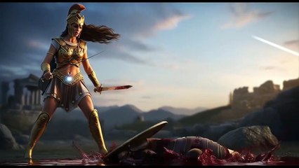 Woman warriors decisively defeat men in a sword fight.