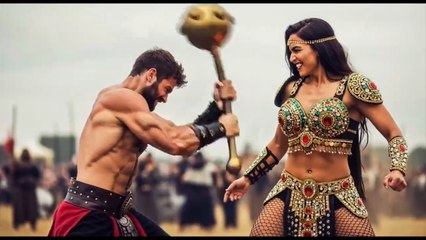 Strong woman fights man with her mace (Queen of the Shattered Iron).