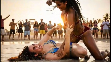 Strong women wrestlers wrestle on the beach (Queens of the Sand).