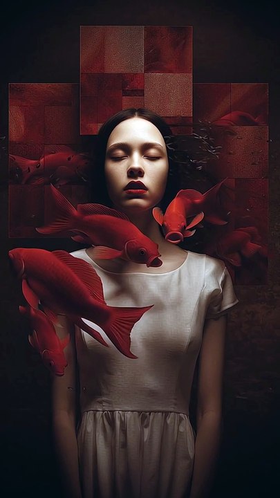 A surreal digital artwork depicting an asian woman