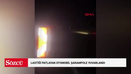 Lastiği patlayan otomobil şarampole yuvarlandı