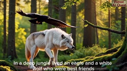 A brave white wolf and a wise eagle protect a magical crystal from greedy lions. Together, they bring peace and safety to the jungle. 🌿🐾