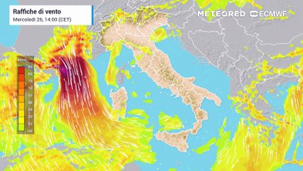Mappa relativa alle raffiche di vento previste nei prossimi giorni