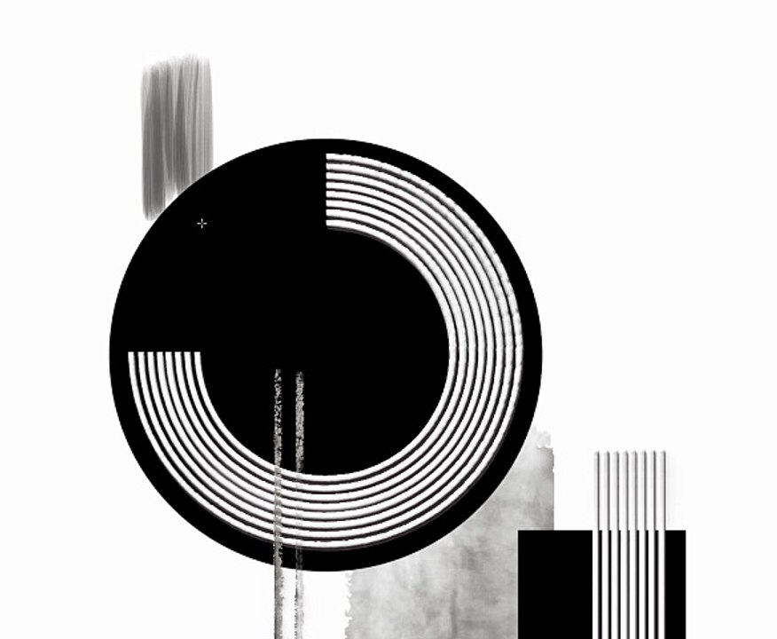 Contemporary abstract composition featuring geometric shapes, lines, circles, and textured brushstrokes in gold, black, and grey