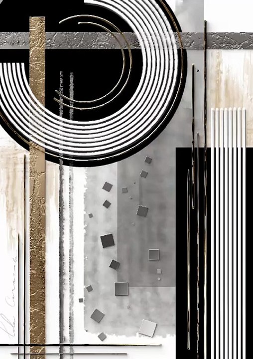 Contemporary abstract composition featuring geometric shapes, lines, circles, and textured brushstrokes in gold, black, and grey