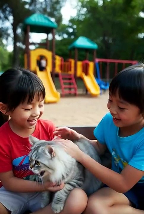 Cat play with children