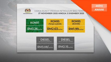 Harga runcit RON97, RON95 tanpa subsidi dan diesel turun 2 sen