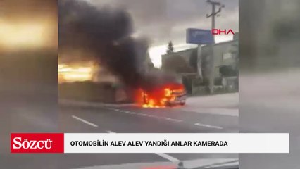 Otomobilin alev alev yandığı anlar kamerada