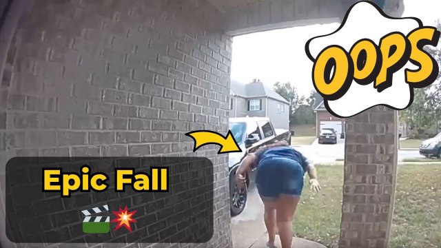 Girl falls dramatically while being chased out of the house by her brother .