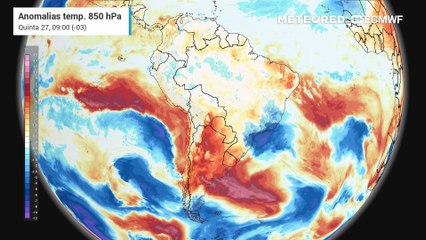 Quinta-feira, 27 de novembro: Anomalia de temperatura em 850 hPa entre quinta-feira (27) e sábado (29).