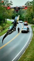 Thrilling! Crocodile on the Road, Drone Transporting it